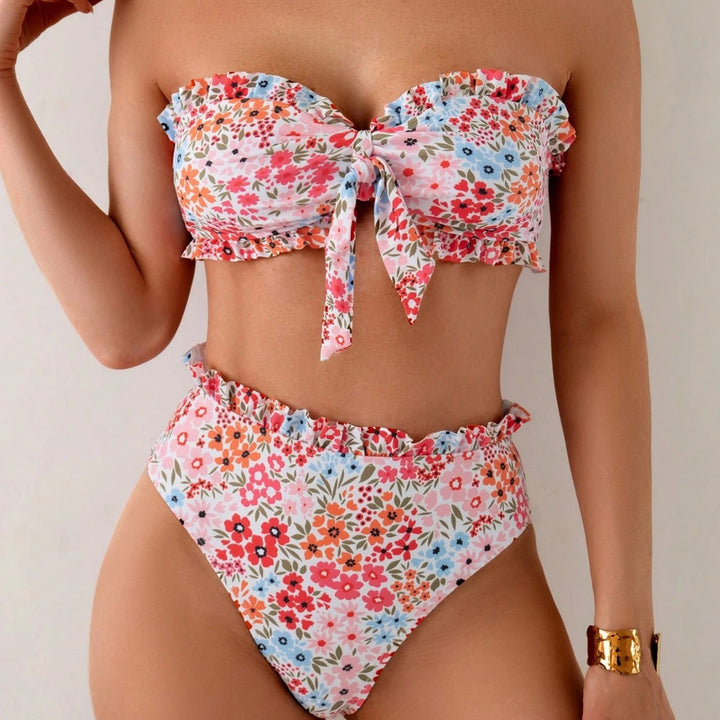 Dame Bandeau-bikini med legende rynker og blomster mønster Skovae