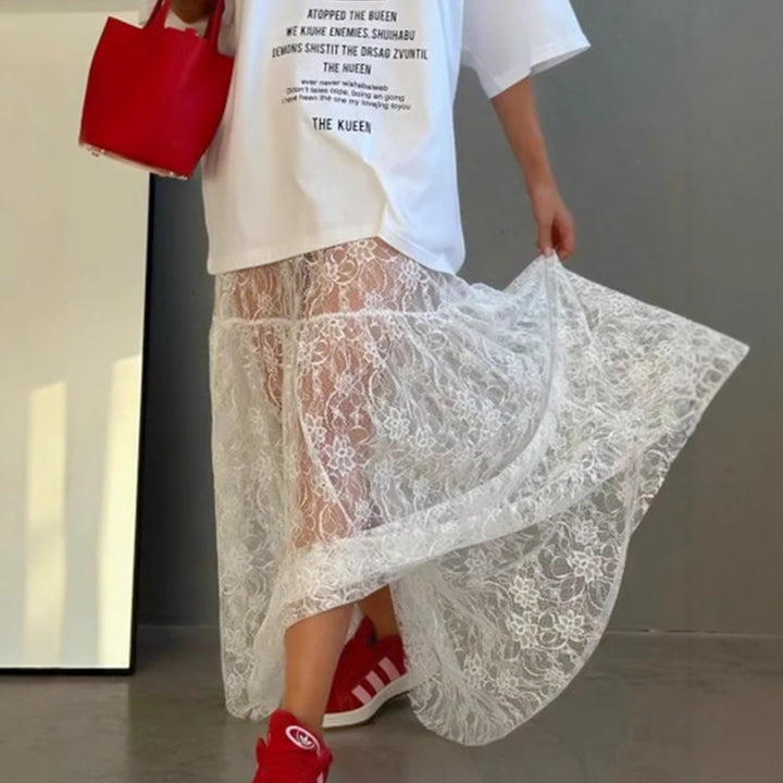 Dame spids-maxi skirt med høj slits og elegant gennemsigtighed Stilla