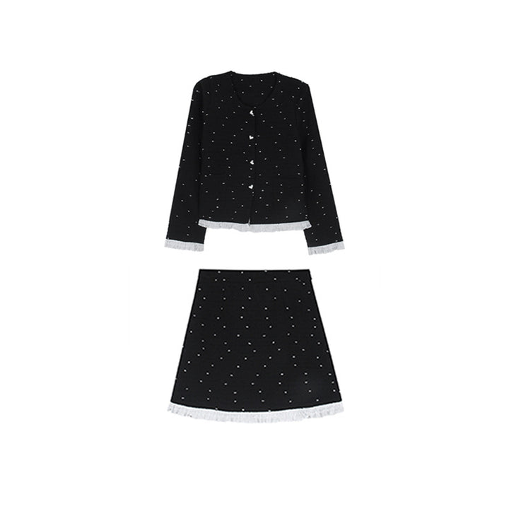 Dame elegant Tweed-sæt med fine perledetaljer og afslappet snit Stilla