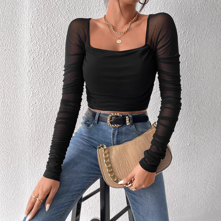 Dame Transparent Langærmet Bluse med Figurtilpasset Pasform Stilla