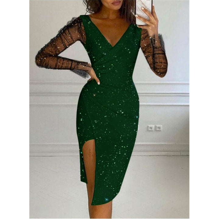 Dame Celestial Print Bodycon Midi Kjole med gennemsigtige ærmer Stilla