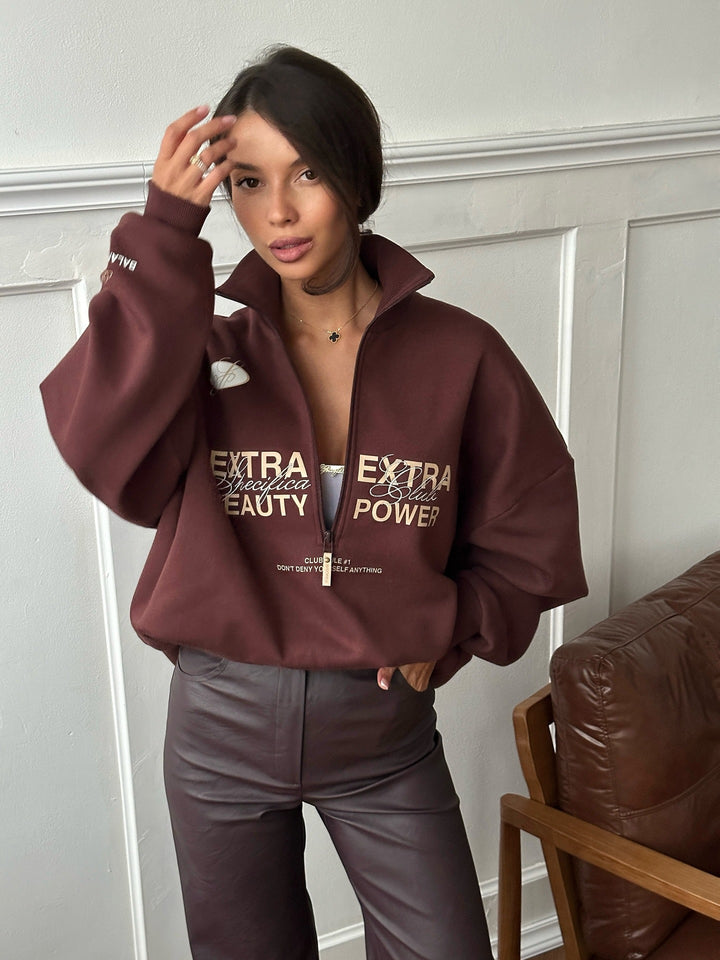 Dame Oversized Zip Sweater med kreativ tekst og moderne design Stilla