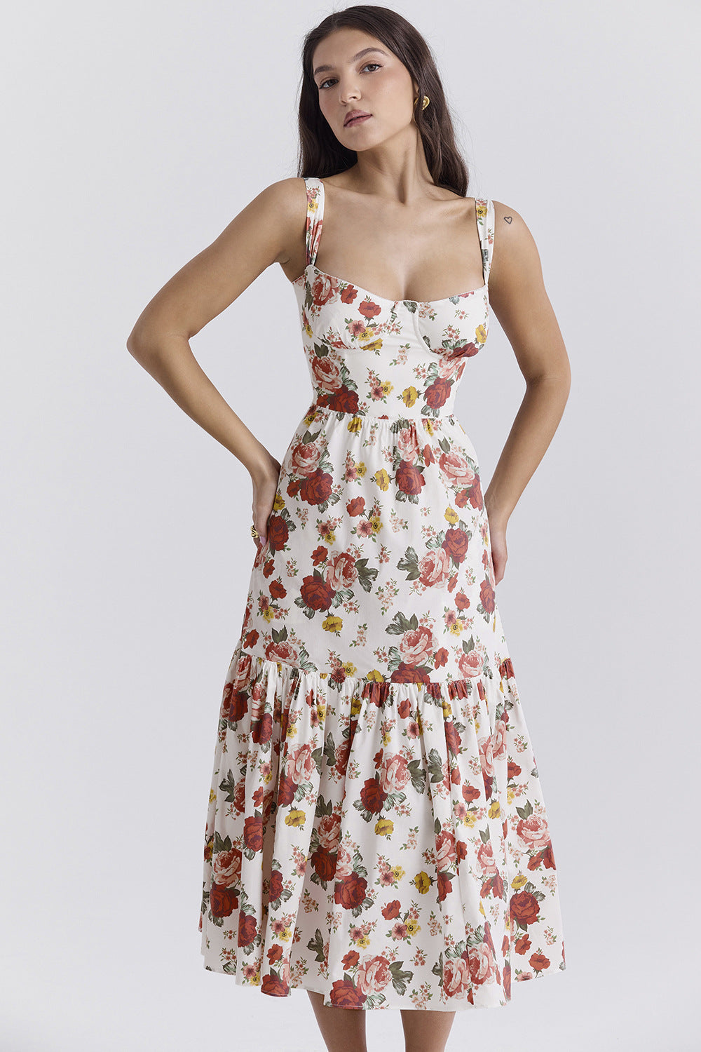 Kvinders blomsterprint maxi kjole med tætsiddende liv og flared skørt Stilla