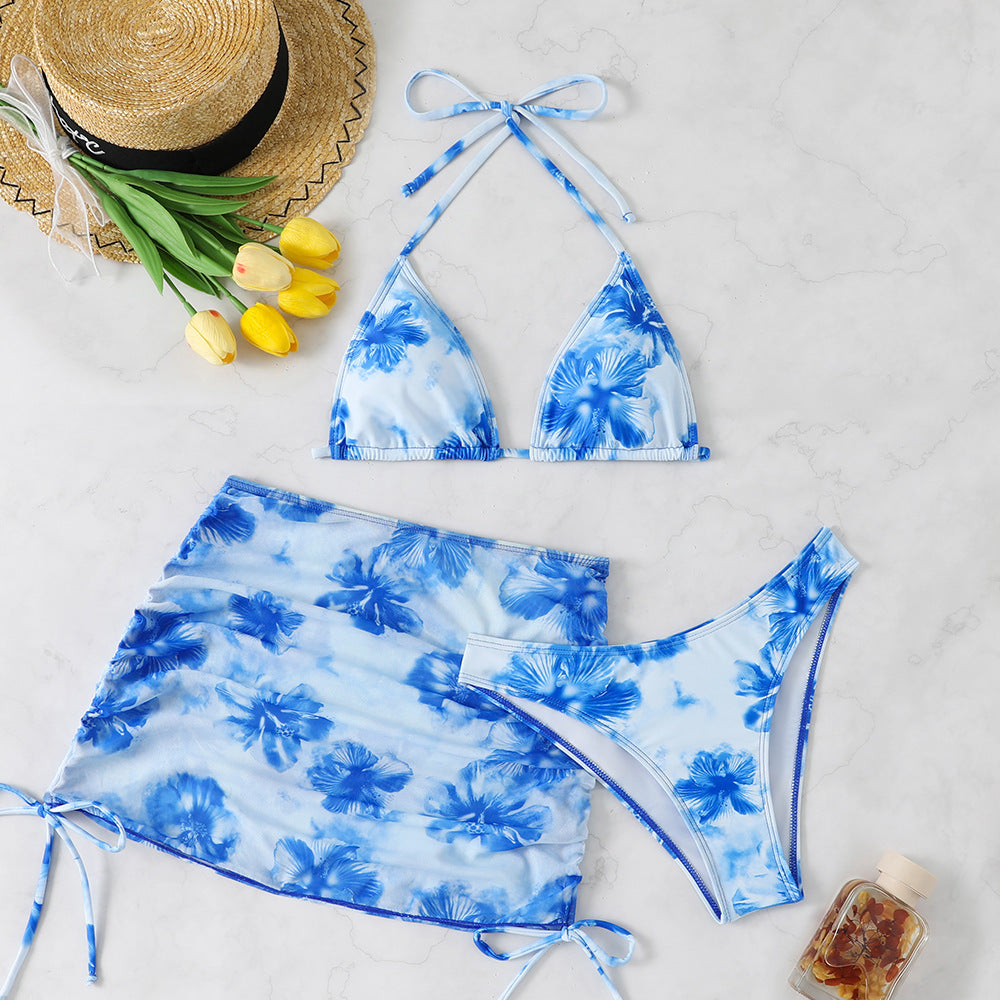 Dame Triangel-Bikini-Sæt med justerbare stropper og blomsterprint indpakningsskørt Skovae