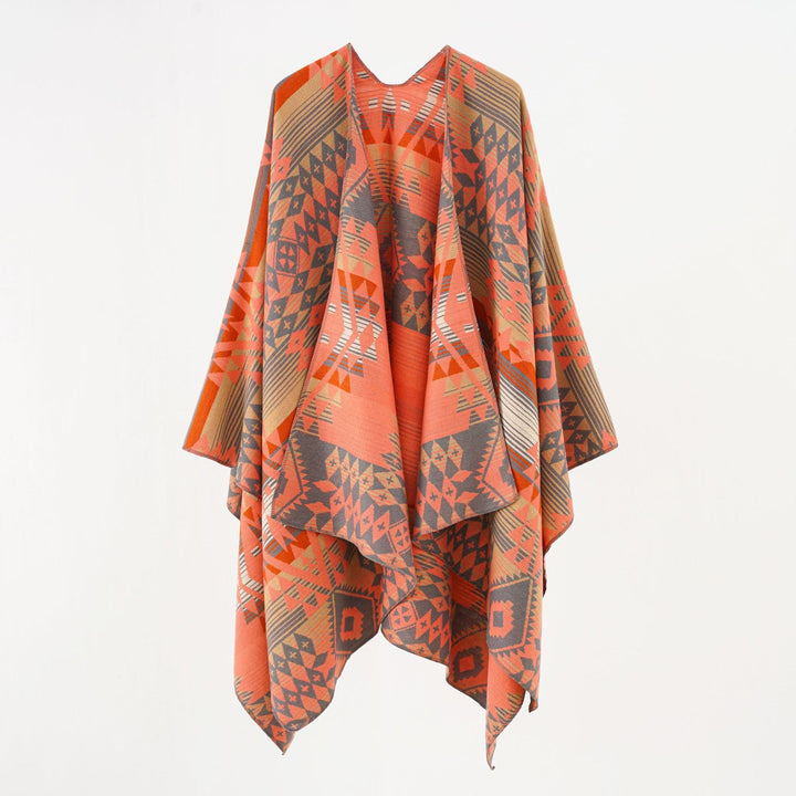 Dame Geometrisk Overhangsponcho med Varmt Materiale og Trendy Mønstring Skovae