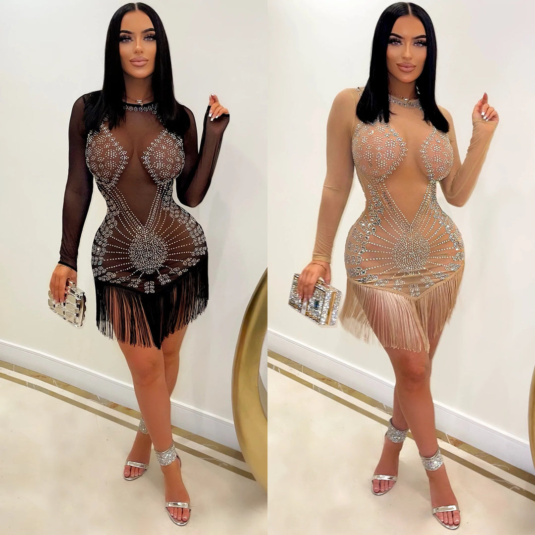Dame Strass-besat Transparent Mini Kjole Stilla