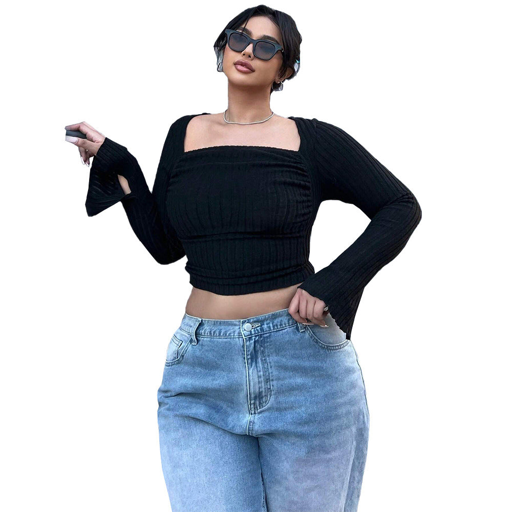 Dame Crop Top med ribbet design og bred ærme Stilla