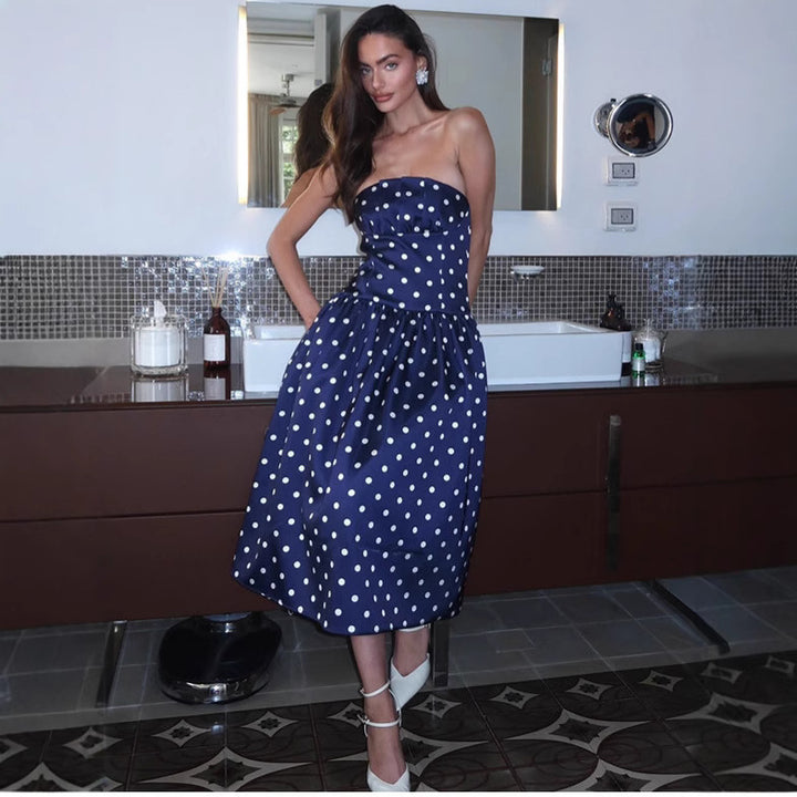 Dame elegant Midikjole med Polka-Dot mønster og taljebælte Stilla