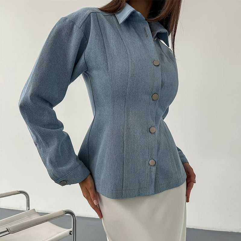 Dame Denim-bluse med figurtilpasset snit og elegante knapper Stilla