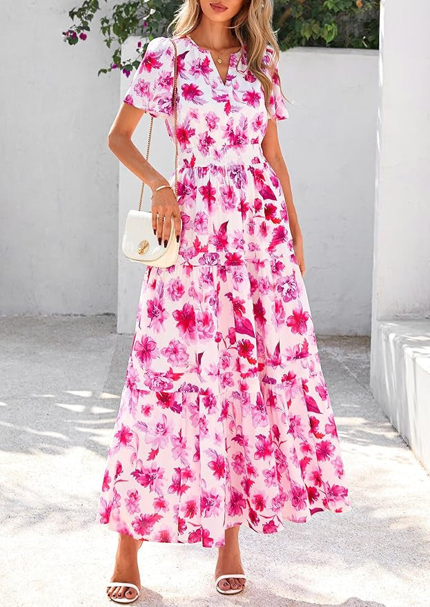 Dame Maxikjole med blomsterprint og elastisk talje Stilla