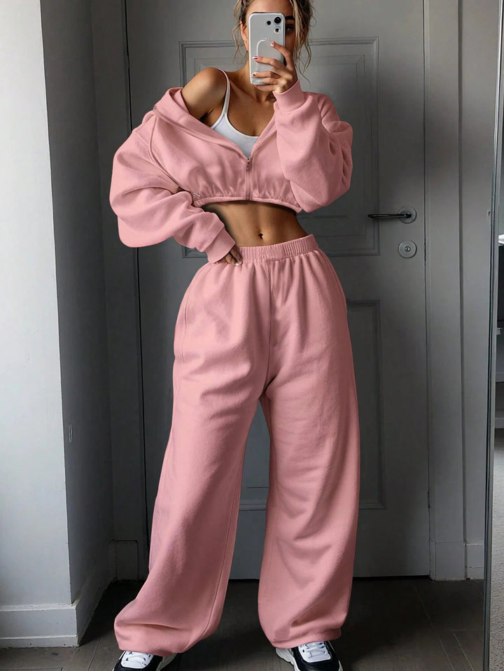 Kvindernes cropped fleece hoodie og casual joggers sæt Skovae