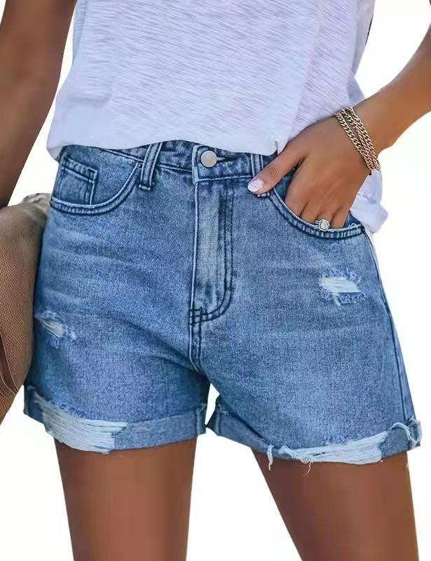 Dame sommerlige destroyed jeansshorts med opfoldet kant Skovae