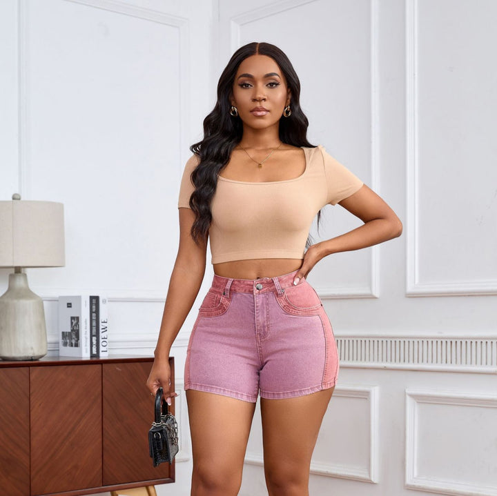 Dame trendy high-waist denim-shorts med farveblokdesign og høj talje Stilla