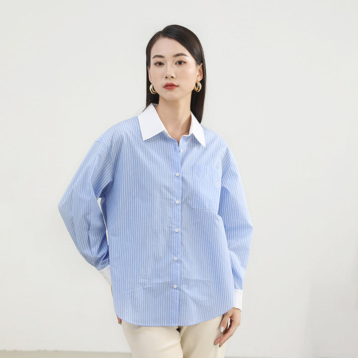 Dame Klassisk Bluse med moderne stribet mønster og krave Stilla