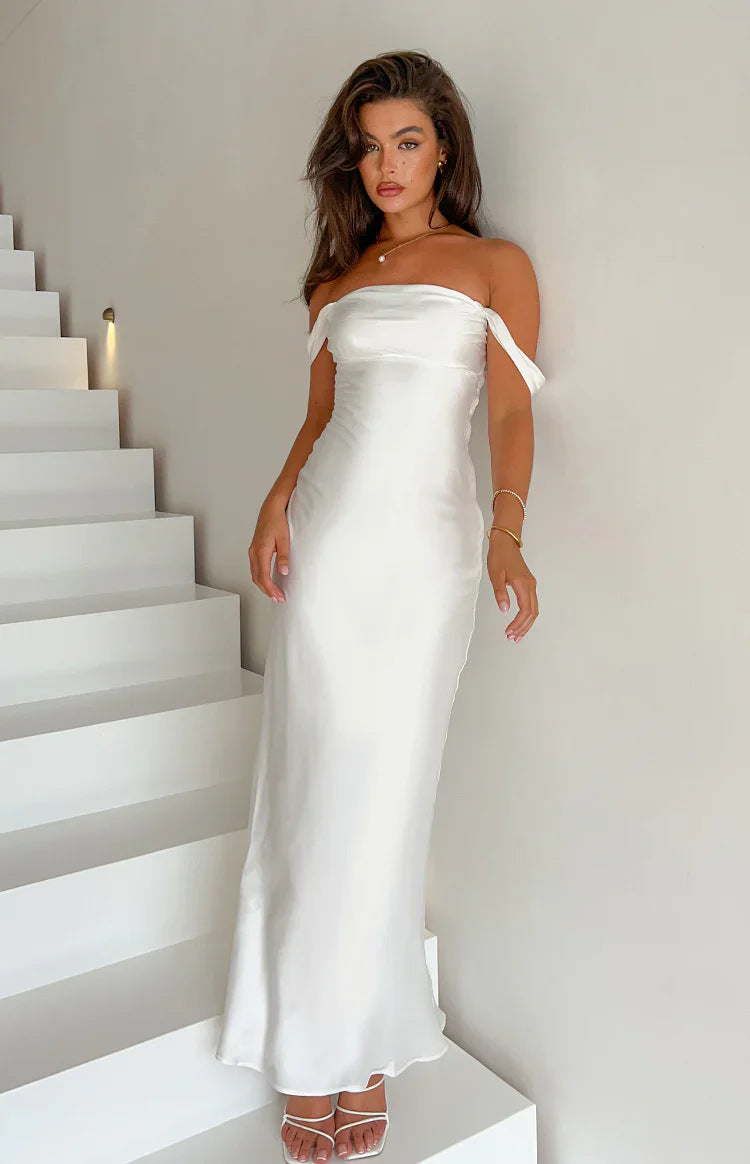 Dame elegant off-shoulder maxikjole med tætsiddende snit og blød jersey-stof Skovae