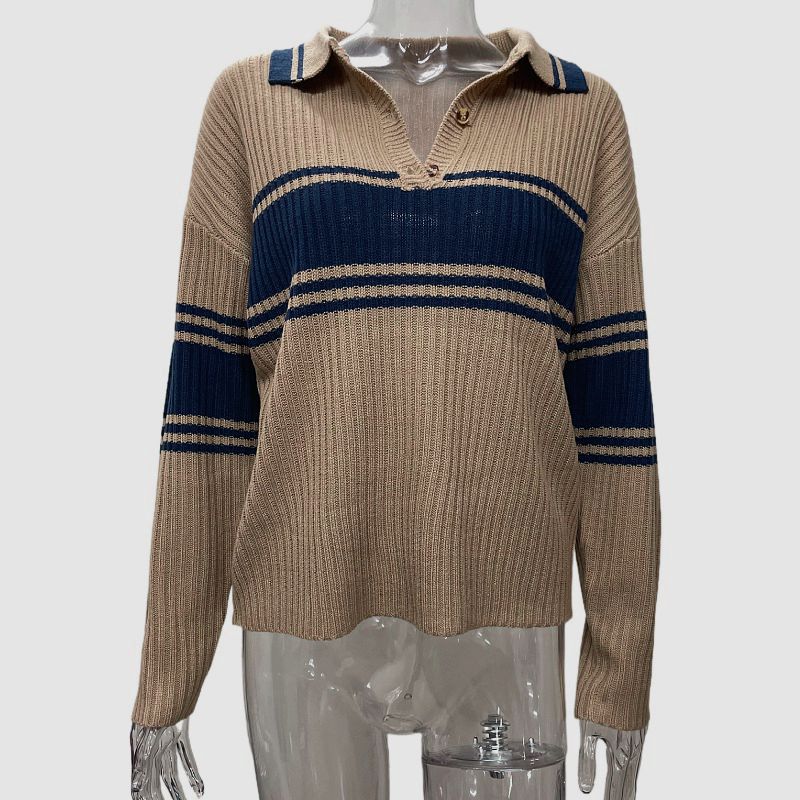 Dame Oversized Strikpullover med V-Udsnit og Stribedetaljer Stilla