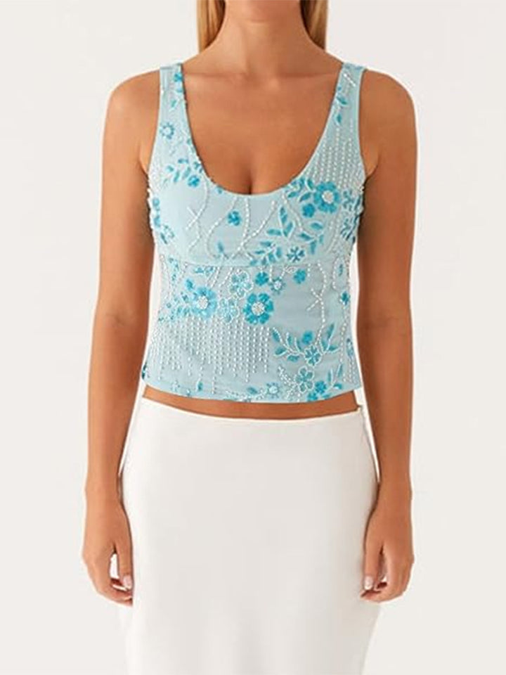 Dame couture top med floral rhinestone design og tætsiddende snit