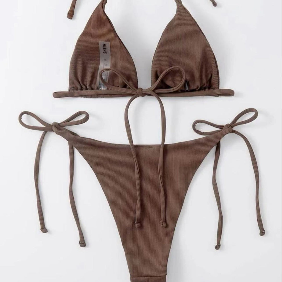 Dame Triangel-Bikini-Sæt med Justerbare Bindebånd og Ribbet Design Skovae