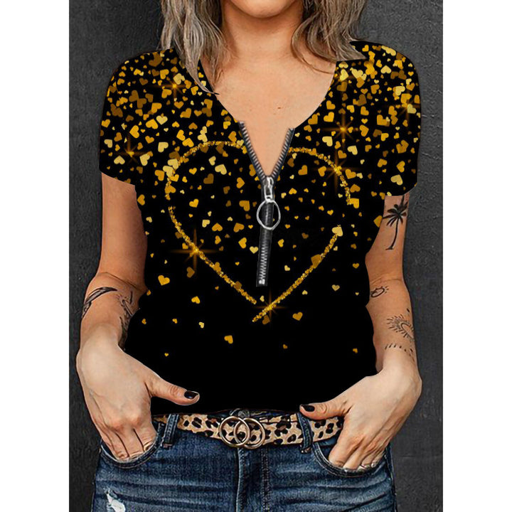 Dame V-hals T-shirt med blomsterprint og lynlås Skovae