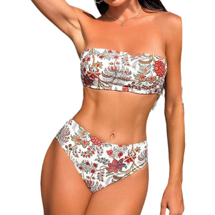 Dame bandeau-bikini med blomsterdesign og højt skåret trusse Skovae