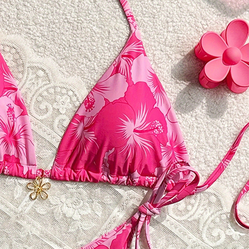 Dame Drømmende Triangel-Bikini med floralt design og legesyge snøring Skovae