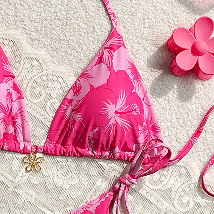 Dame Drømmende Triangel-Bikini med floralt design og legesyge snøring Skovae