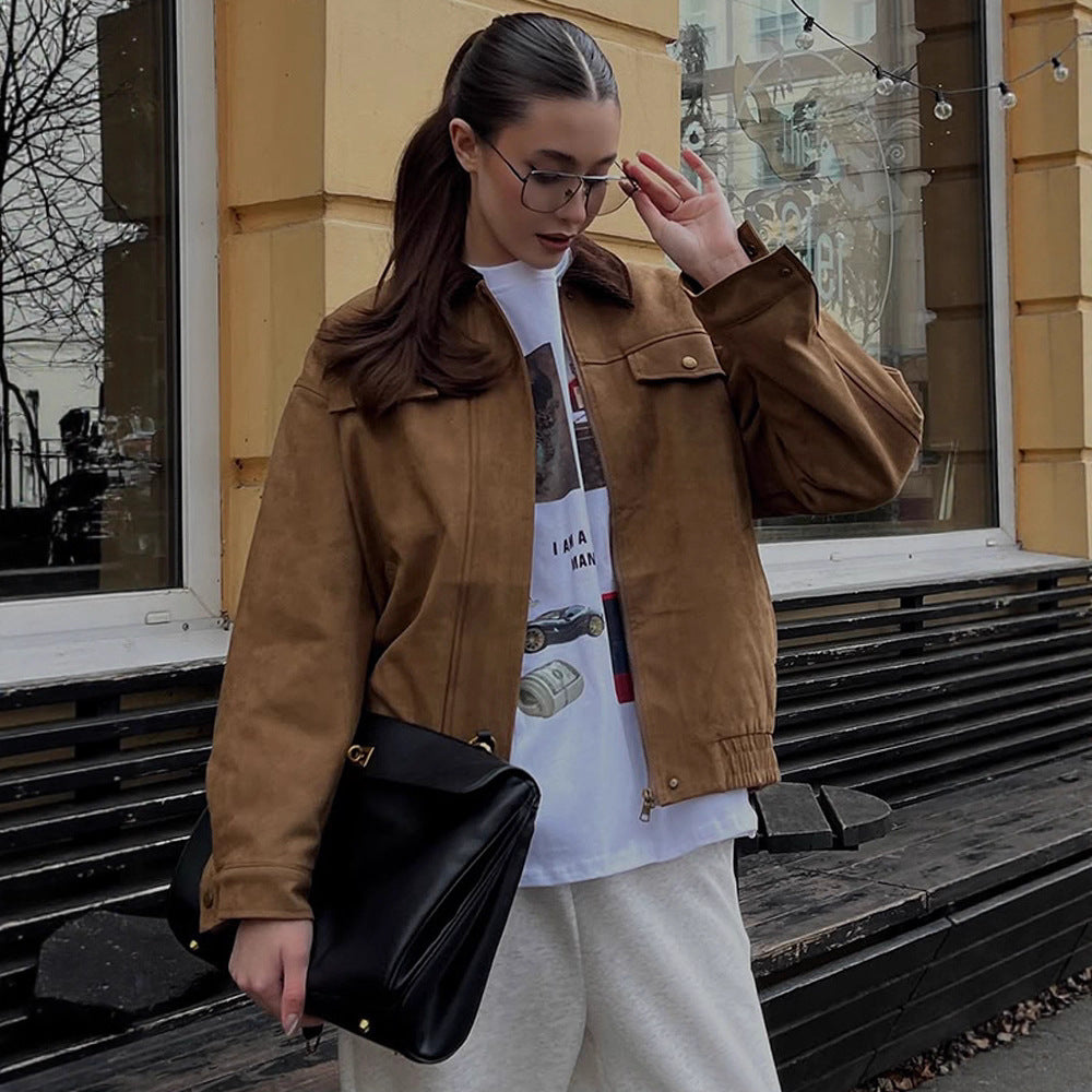 Dame Trendy Suede Jakke med frynsede Detaljer Stilla