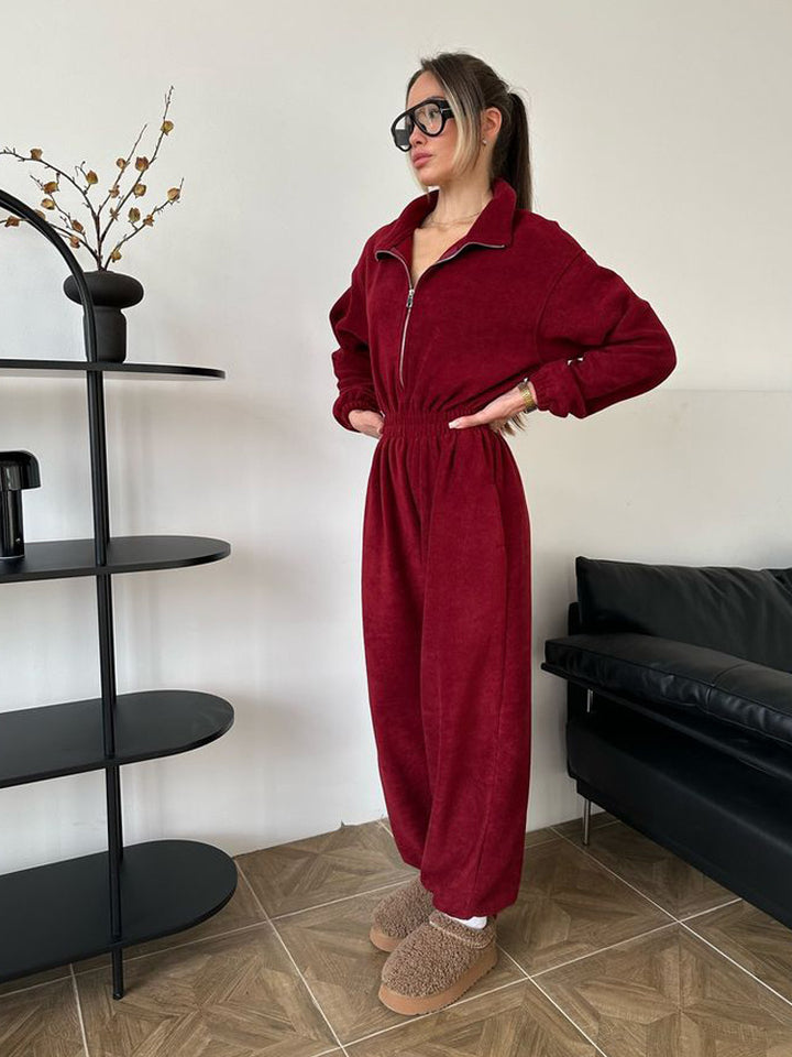 Kvinder Oversized Fleece Jumpsuit med Standkrave og Elastisk Talje Skovae