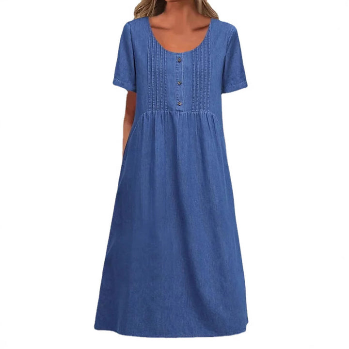 Dame nan locker siddende Midikjole i Denim-look med Rundhalsudskæring, brystfalsker og sidelommer Skovae