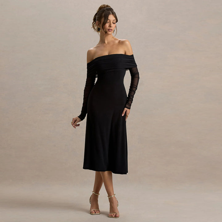 Damer elegant off-shoulder midi-kjole med flæse-detaljer og gennemsigtige ærmer Skovae