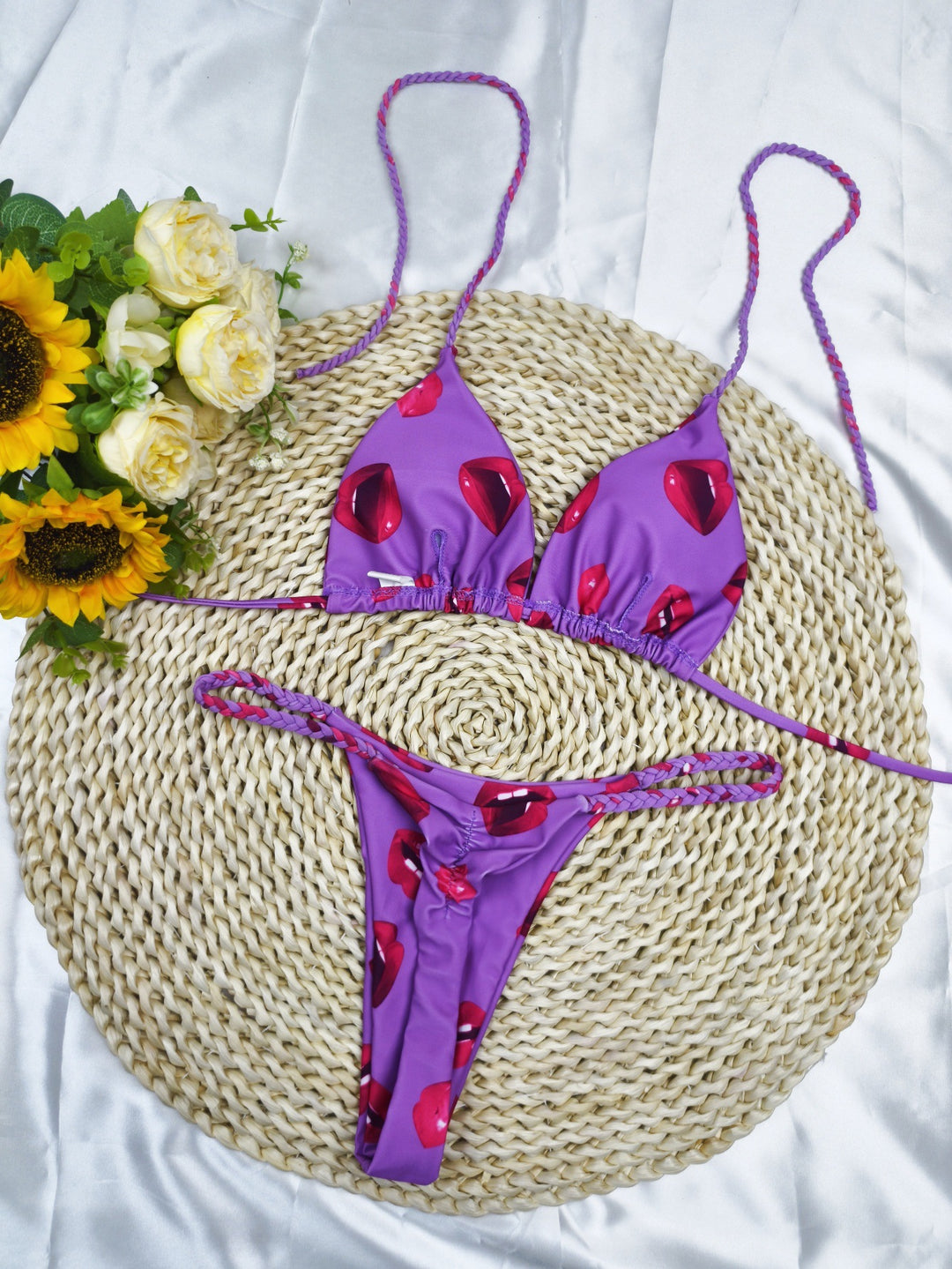 Dame triangulært bikini-sæt med muntert kirsebærmønster og justerbare stropper Skovae