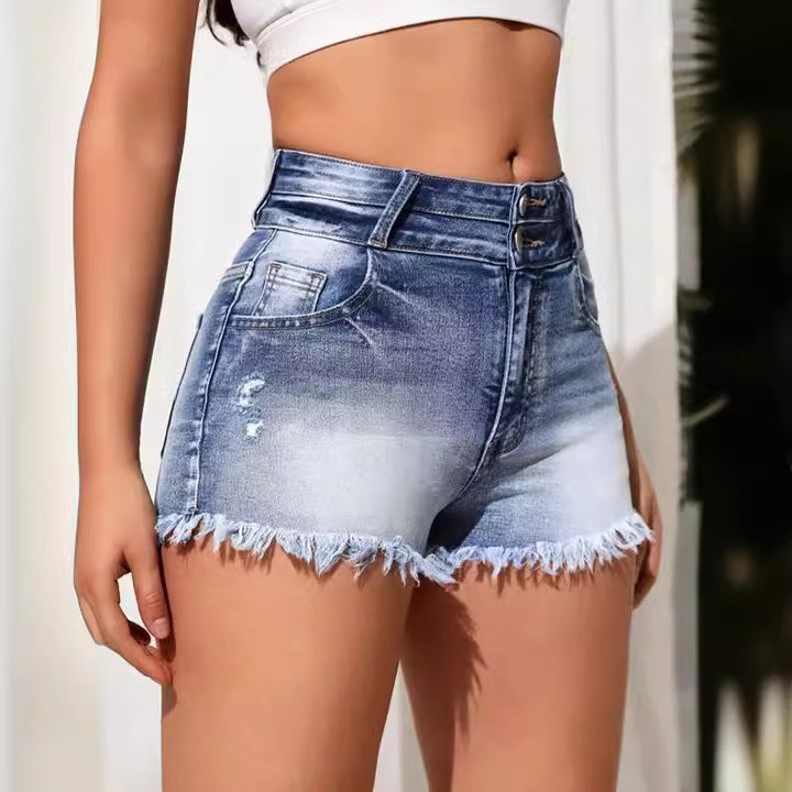 Dame denim-shorts med høj talje og frynset kant Stilla