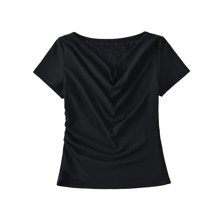 Dame Stretch-top med flydende drapering og elegant spidsindsats Stilla