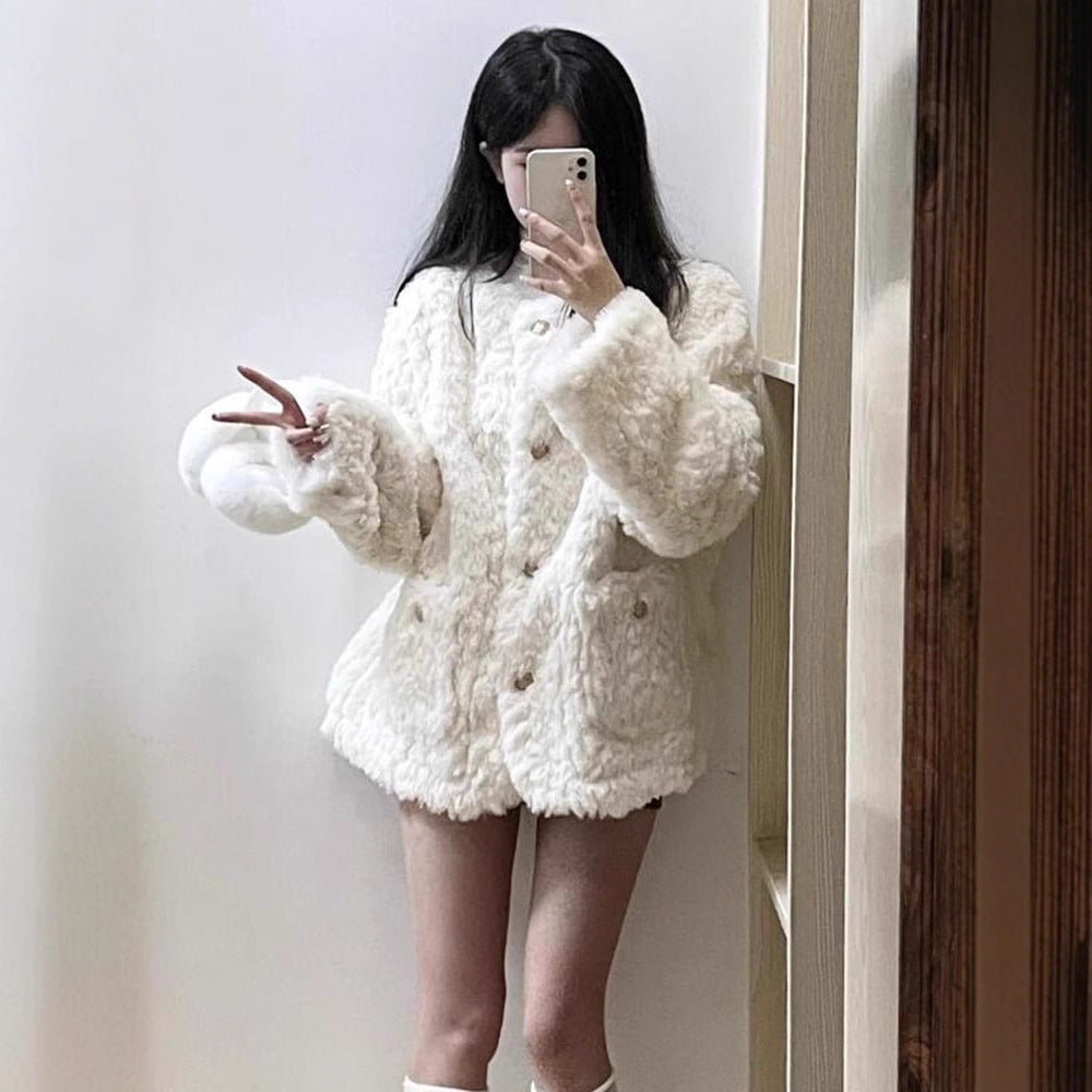Dame mode cardigan med blød plys og dekorative knapper Stilla