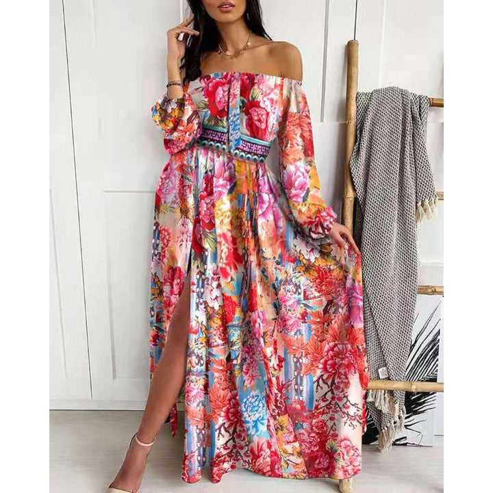 Dame Maxikjole i elegant Off-Shoulder stil med tiltalende mønstre og slidsdetaljer Stilla