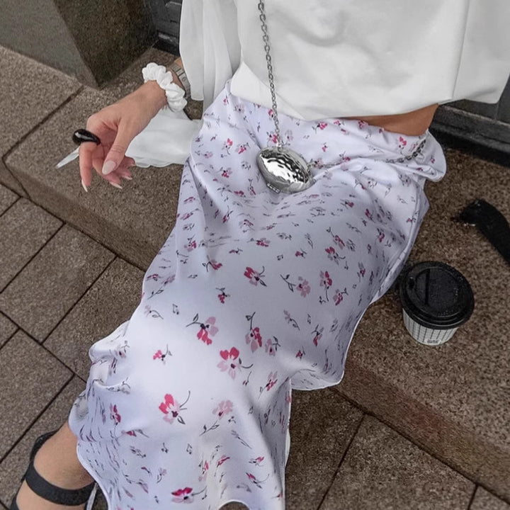 Dame maxiskørt med blomstermønster og elastisk talje Stilla
