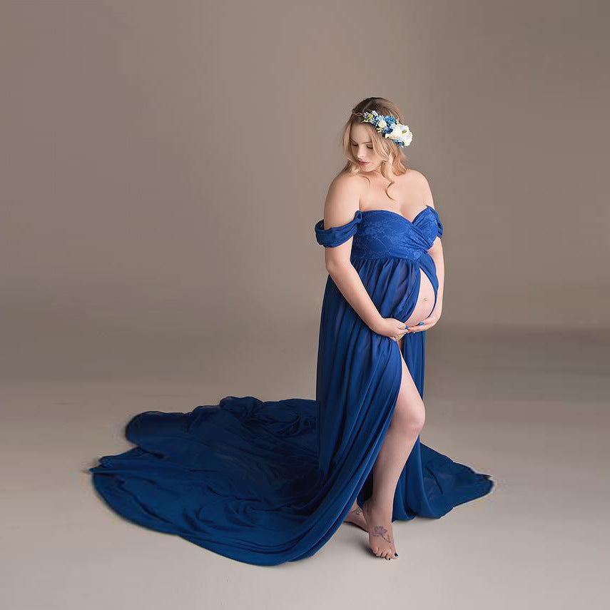Dame Off-Shoulder Chiffon Graviditets Maxi Kjole Stilla