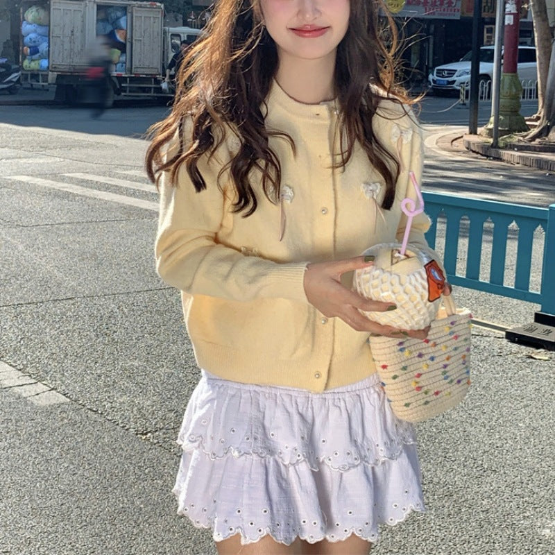 Kvinders Kawaii Cardigan med dekorative sløjfer og perler Stilla
