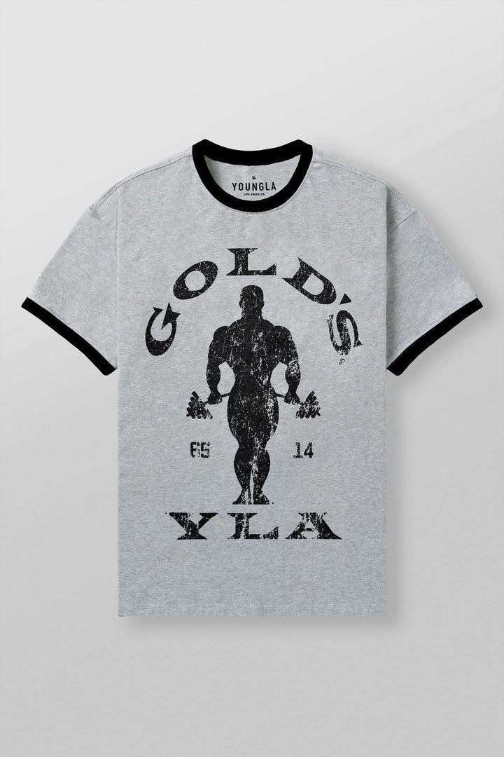 Herrer nan Vintage Træningsshirt med Rundhalsudskæring Kontrastmanschetter og Retro-Bodybuilding-tryk Skovae