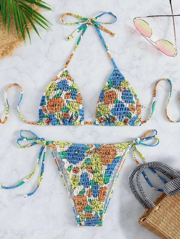Dame Triangel-Bikini-Sæt med elastisk ruching og legende blomsterprint Stilla