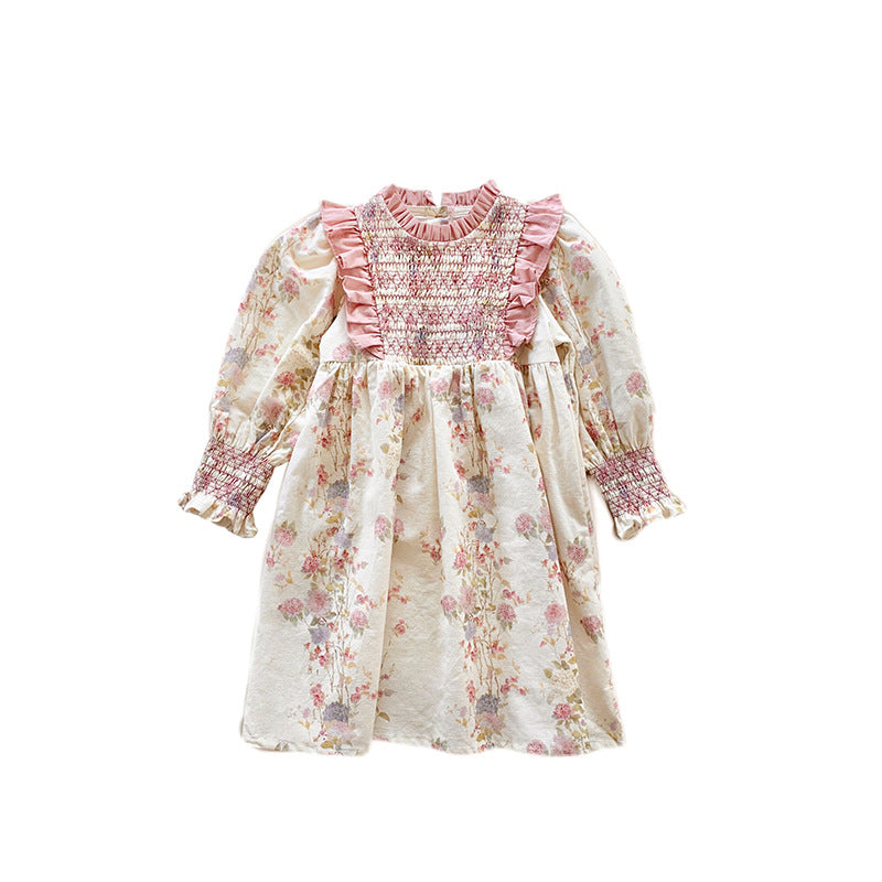 Pige Floral Smocked Langærmet Kjole Stilla