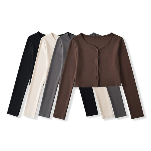 Dame Langærmet Crop-Top med elegant V-udskæring og knapbar design Stilla