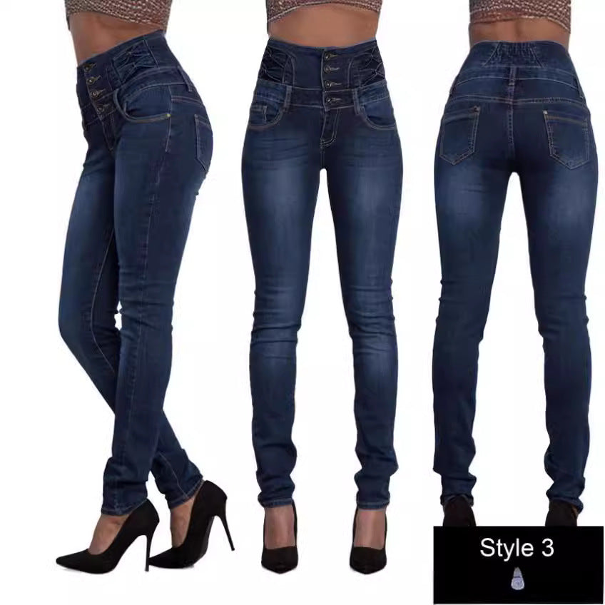 Dame højtaljede skinny jeans med dekorative knapper og samtidig figursiddende design Stilla