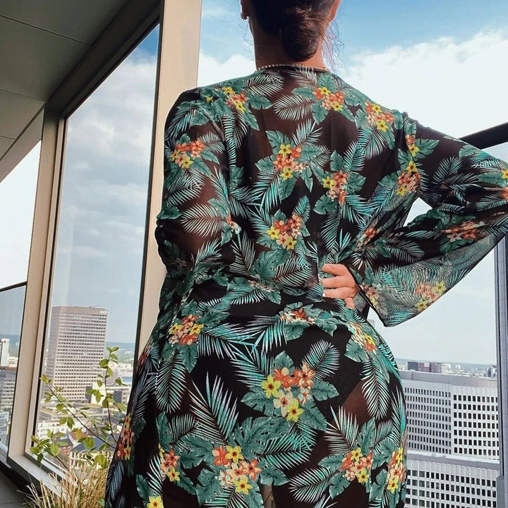 Dame bikini-sæt med højskåret trusse og floral kimono Skovae