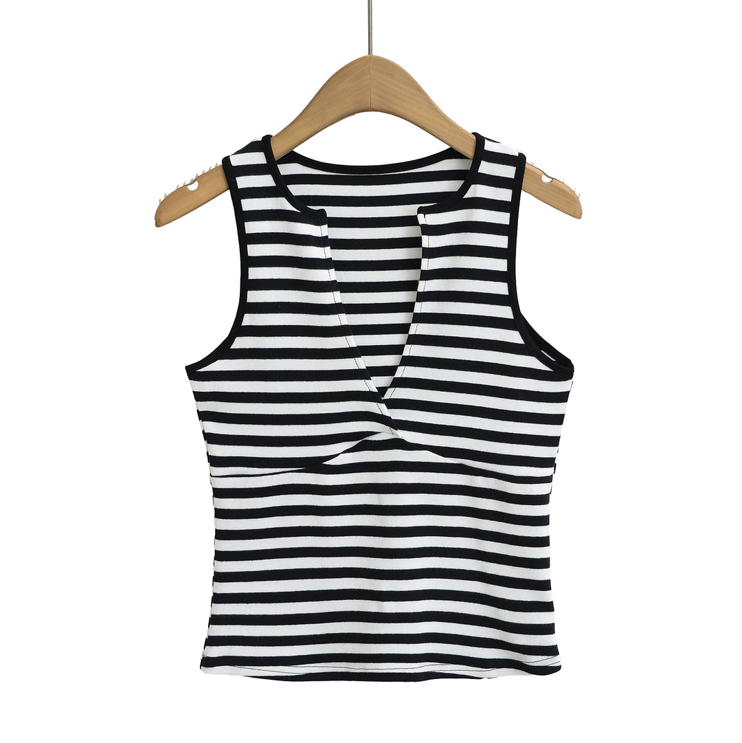 Dame sportsligt crop-top med dyb V-udskæring og stribedesign Stilla