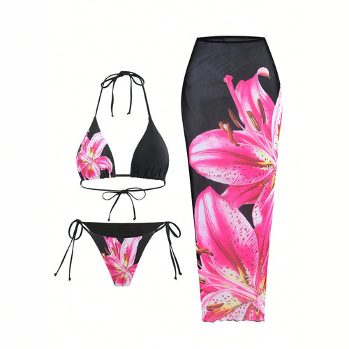 Dame bikiniset med blomster wrap nederdel Skovae