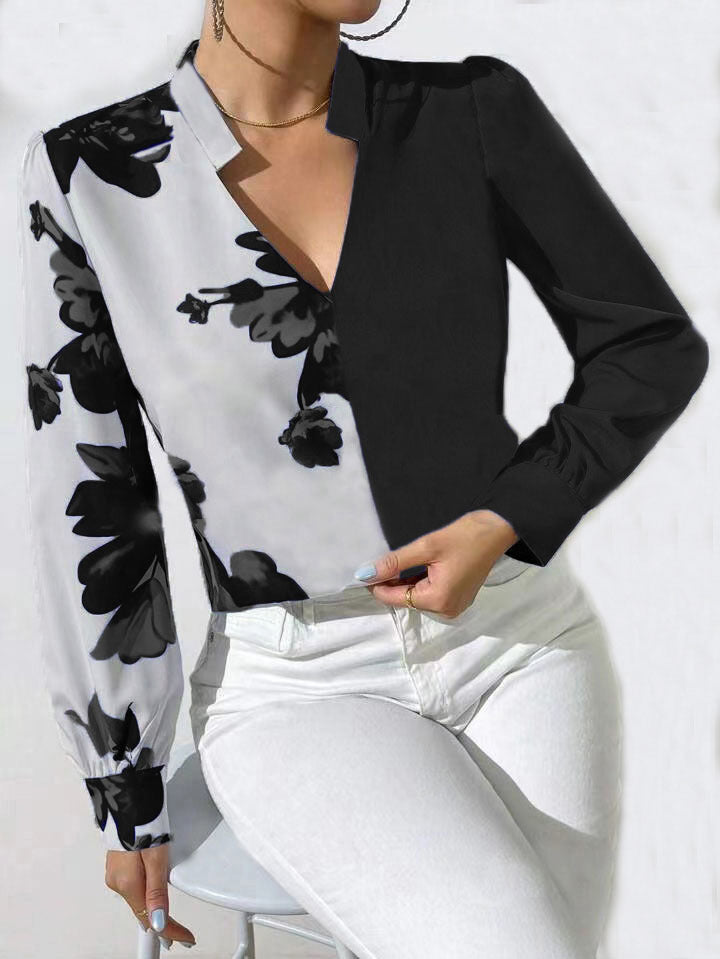 Damebluse med asymmetrisk snit og blomstermotiv Stilla
