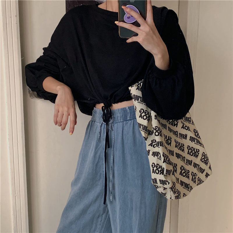 Kvinder Cropped Sweatshirt med innovativ snor og overdimensionerede ærmer Skovae