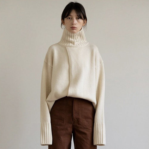 Damer Oversized Strikpullover med høj krave og afslappet snit Stilla