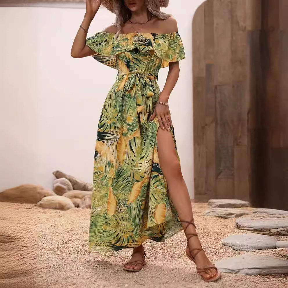 Dame Off-Shoulder Maxikjole med Sideslids Stilla